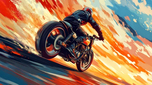 Motorcycle rider explodes through blazing abstract sunset sky.