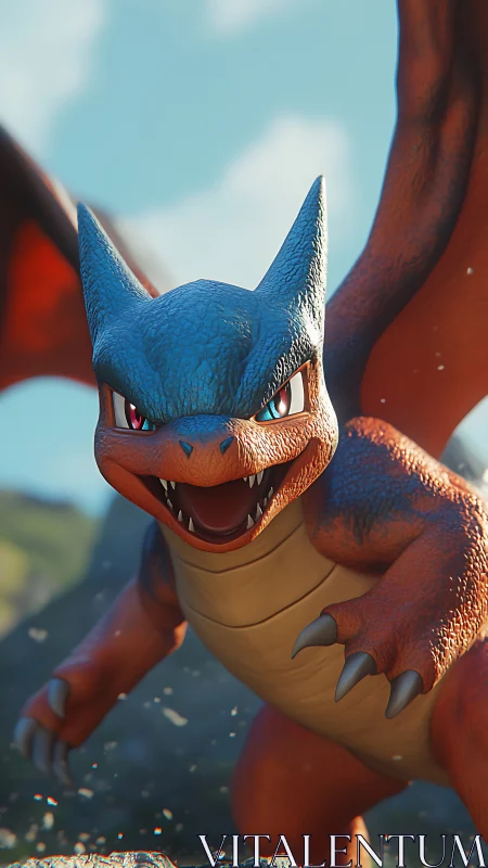 Fiery sky-dragon lunges forward in blazing, vivid detail.