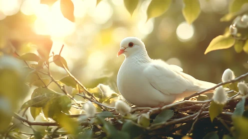 Serene white dove on a nest in sunlit garden, soft bokeh style.