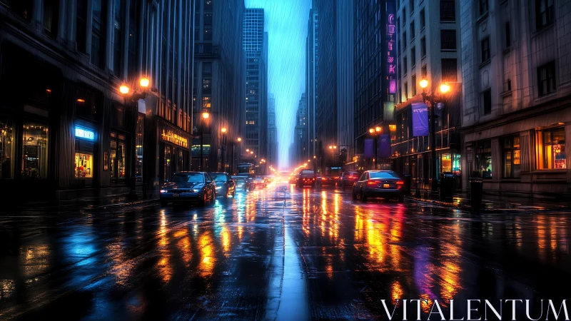 Rainy city street at night with vivid neon reflections.