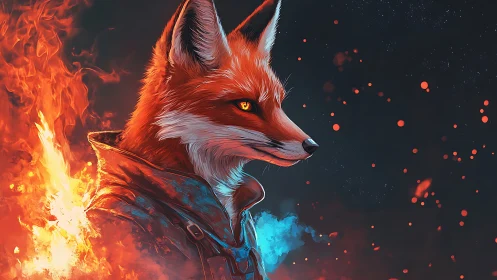Digital painting of vulpine warrior in flaming chromatic profile.