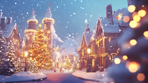 Snowy Christmas village street glowing with festive lights.