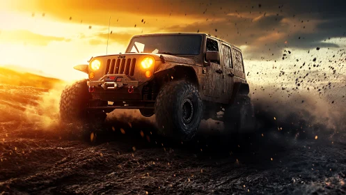 Sunset mud-slinger Jeep hammers through flying embers of dirt