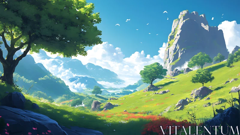 Luminous mountain valley under clear blue summer sky.