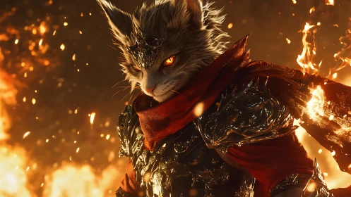 Armored feline warrior in flames with glowing orange eyes.