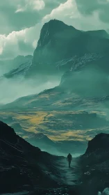 Solitary figure walks through misted valley beneath steep peak