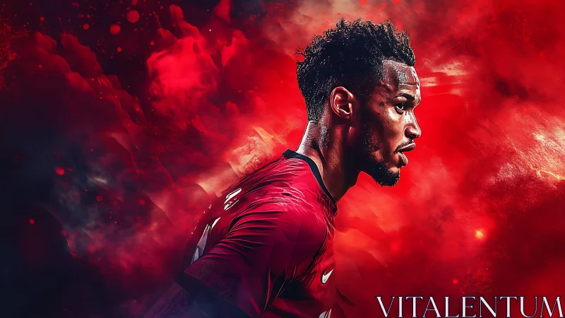Digital portrait of intense football player in red motion storm.