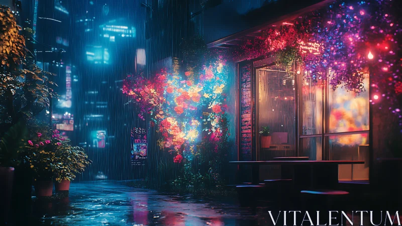 Neon drenched alleyway garden with emissive rain reflections.