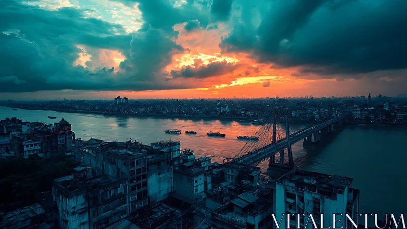 Fiery sunset pours dramatic light over riverside city bridge