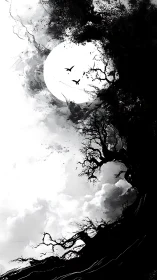 Monochrome moonlit sky with birds and twisted trees.