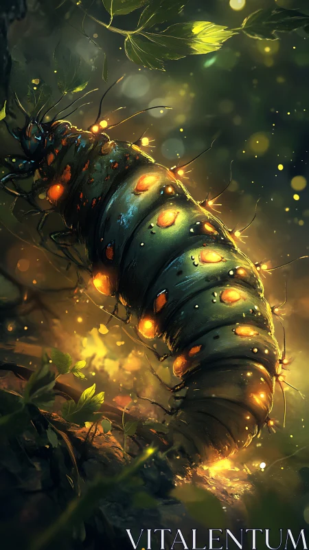 Bioluminescent forest larva with articulated armored segments.