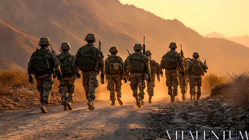 Soldiers walk through dusty mountain pass at golden sunset