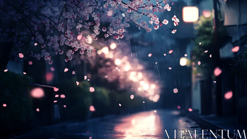 Nocturnal cherry blossoms over rainlit reflective street.