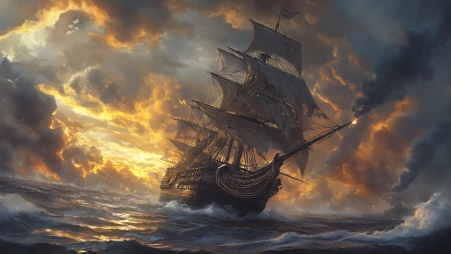 Tall ship under stormy sky with glowing sunset clouds.