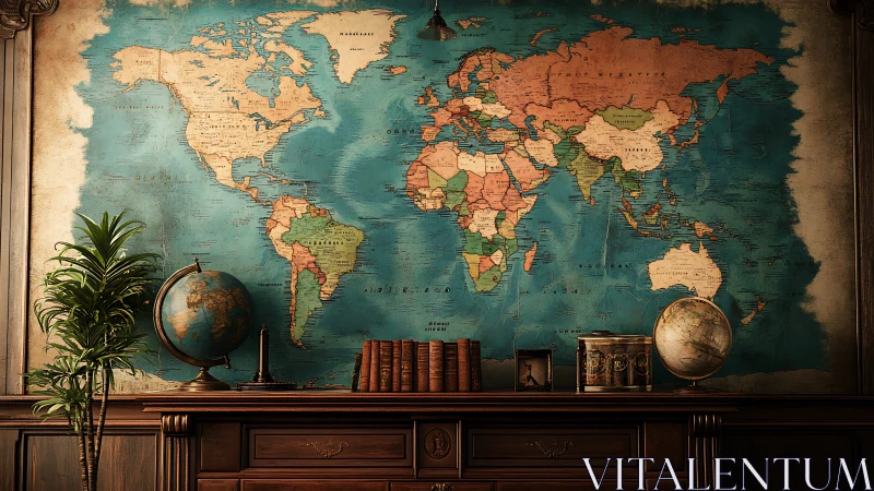 Vintage world map mural dominates a classic study wall