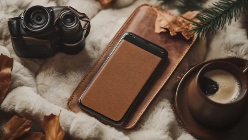 Leather-Cased Smartphone and Camera on Autumn Textile.