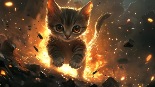 Kitten Blazes Through an Inferno with Glowing Eyes.