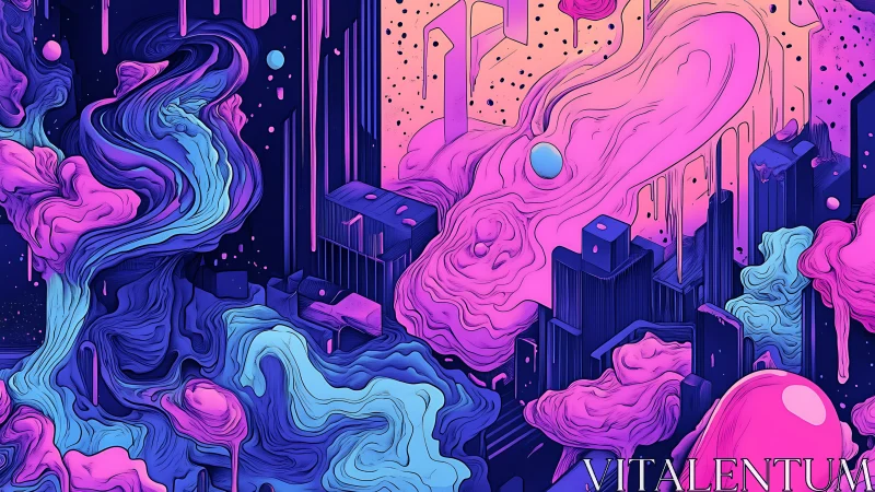 Neon cosmic cityscape with fluid magenta and cyan clouds.