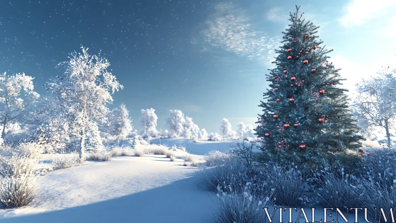 Sparkling Christmas tree glowing in a peaceful winter field.