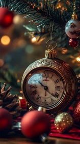 Ornate analog clock bauble amid bokeh-lit conifer branches.