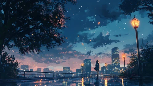 Twilight promenade cityscape in reflective anime style.