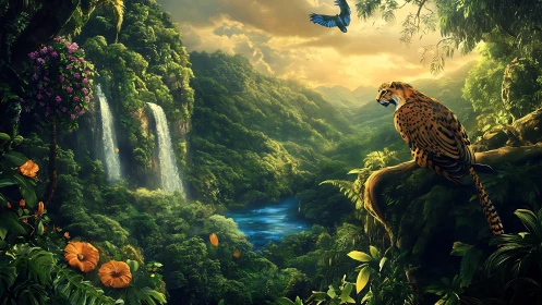 Jaguar overlooking lush valley with waterfalls at sunset.
