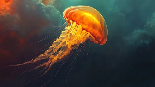 Luminous ember jellyfish drifting through twilight tides.