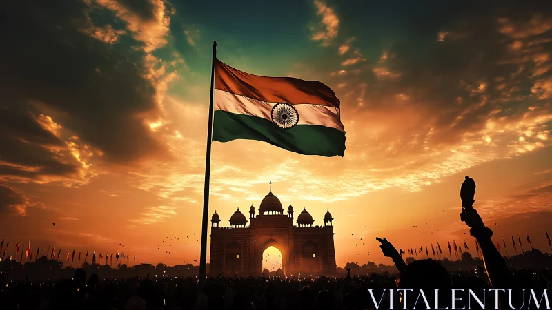 Sunlit tricolor soaring above jubilant Indian monument crowd.