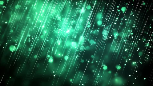 Emerald data rain cascades through glowing digital bokeh veil.