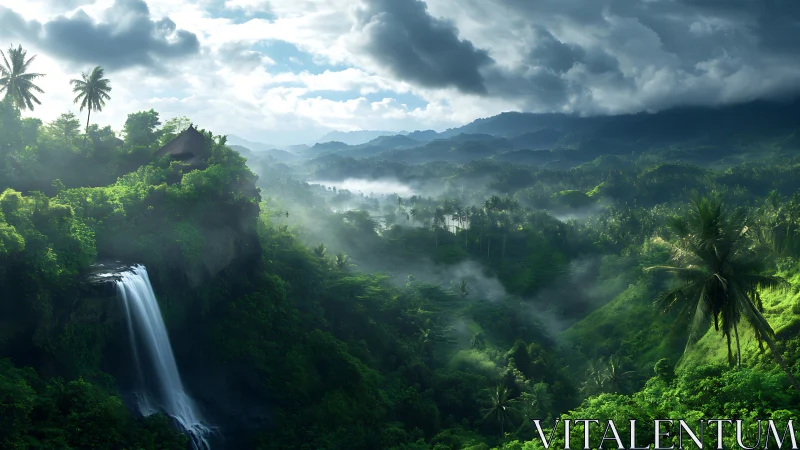 Lush tropical valley waterfall in cinematic digital painting.