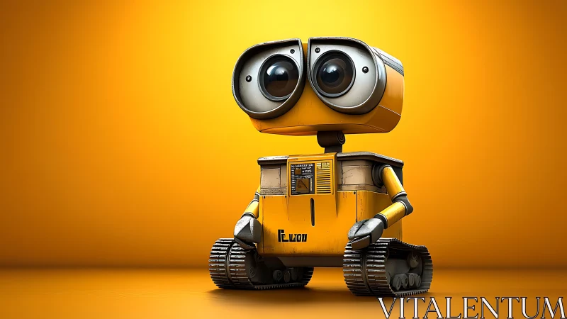 Curious little yellow robot rolling through a bright day.