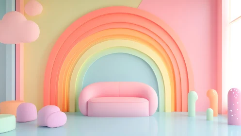 Pastel rainbow lounge with curved sofa and soft forms.