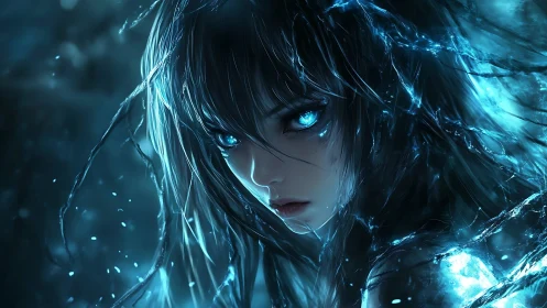 Blue eyed ethereal girl framed in glowing ice strands.