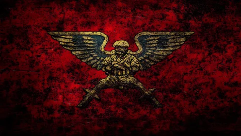 Winged paratrooper insignia over distressed crimson field.