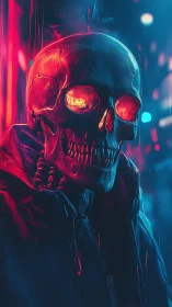 Neon skull wanderer glowing through the midnight city streets.