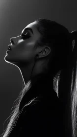 Side-profile monochrome portrait in dramatic rim lighting.