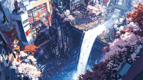 Elevated neon city plaza with cascading waterfall and sakura