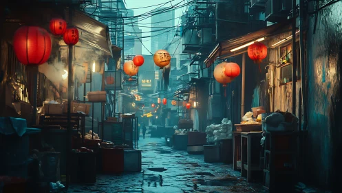 Moody wet market alley under glowing red lanterns at dusk.