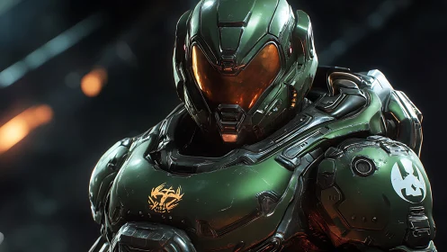 Armored sci fi soldier in battle worn green exosuit.