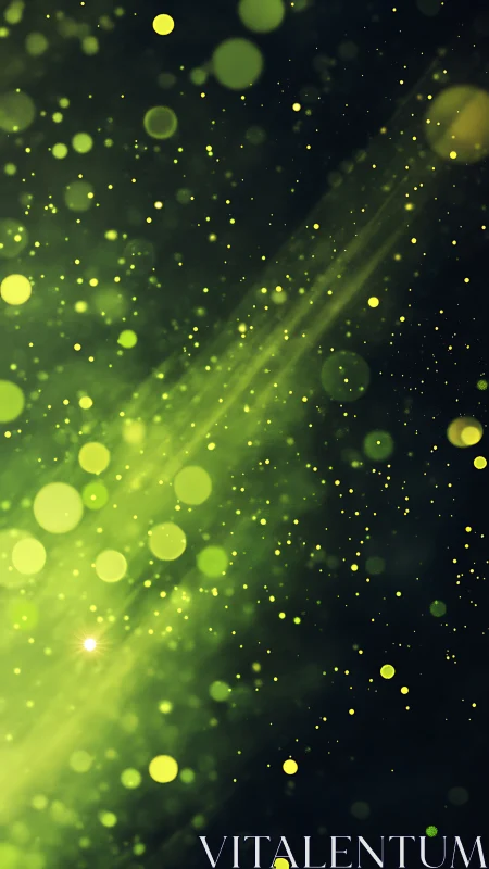 Green particle bokeh with soft light streaks on black background.