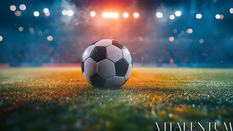 Soccer ball rests on wet stadium grass under bright floodlights.