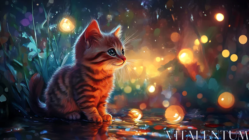 Tabby kitten in atmospheric bokeh environment.