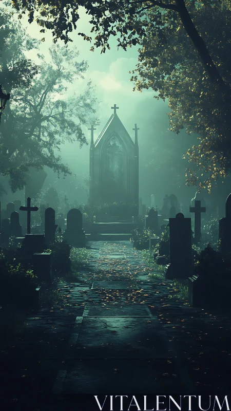 Gothic mausoleum rises through mist in overgrown cemetery