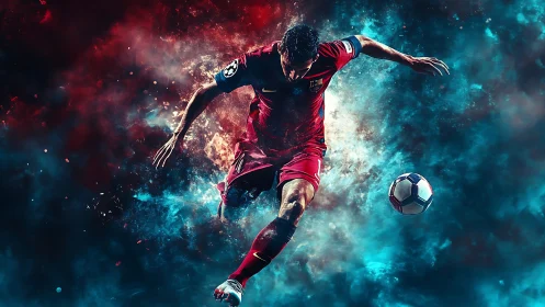 Dynamic digital painting of soccer striker in motion burst.