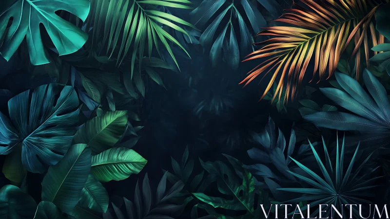 Lush tropical foliage frames a dark, mysterious jungle void.