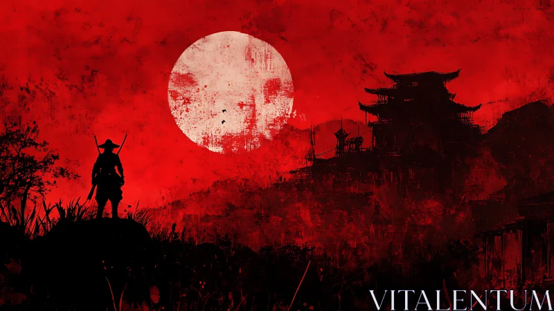 Samurai silhouette under scarlet moon near shadowed citadel.