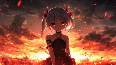 Fiery anime girl against burning sunset skyscape.