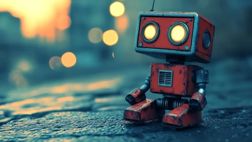 Lonely red robot gazes at glowing city lights at dusk.