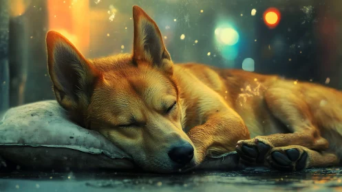 Sleepy city dog resting softly in glowing night rain.