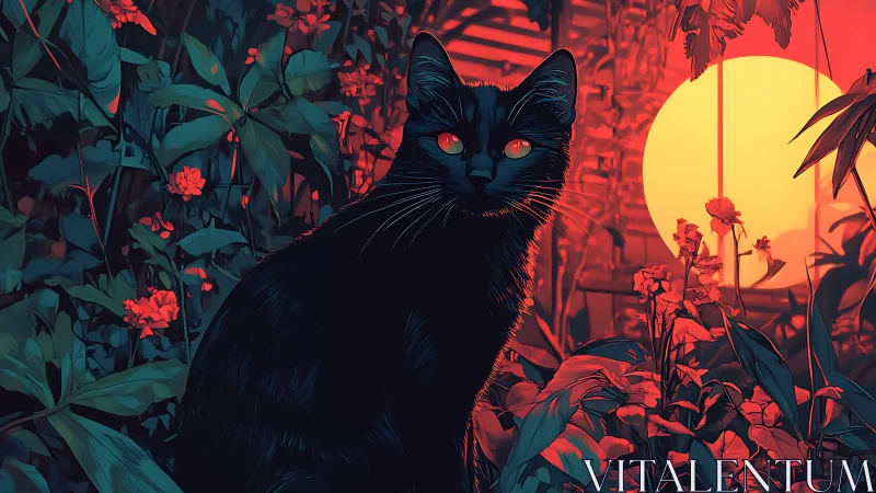 Black Cat with Glowing Eyes Among Red Flowers at Sunset.